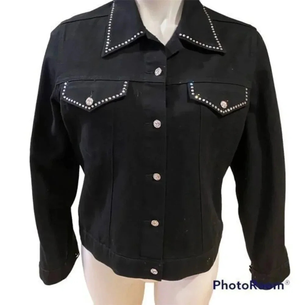 ✨ Christian Alexander Crystal Trim Denim Jacket – Size S – Black